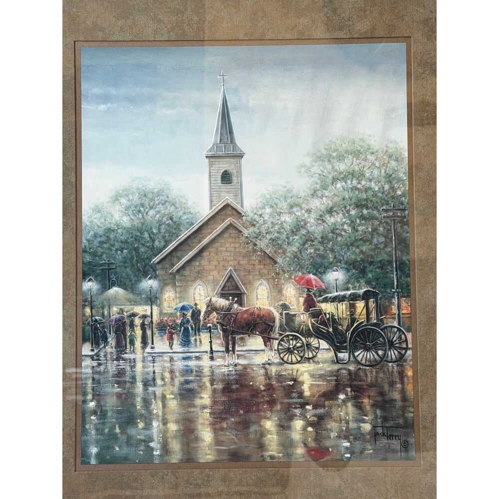 Jack Terry Undampened Spirits Framed Print Church Rain Horse Carriage Art 26x22